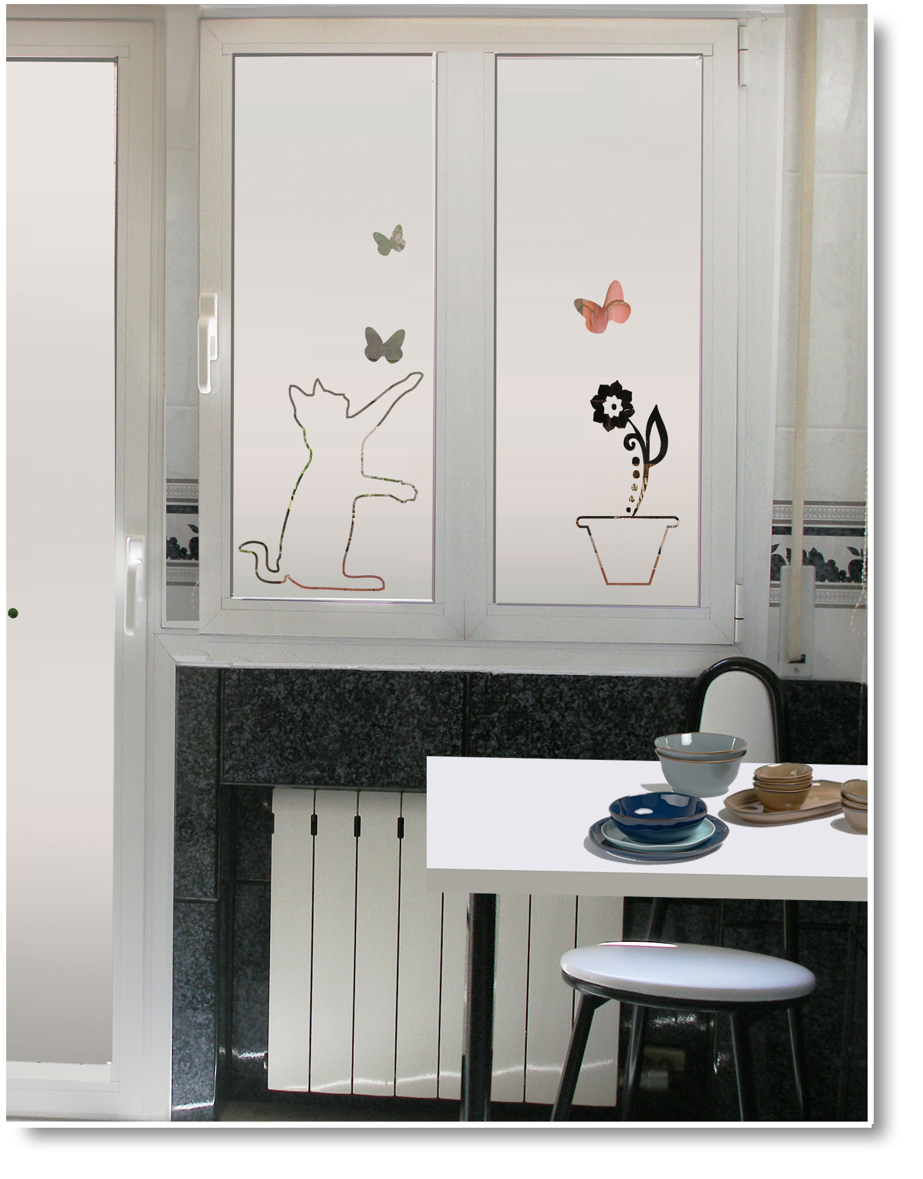 Vinilo ventana cocina GATO CON MARIPOSAS - tokPersonal