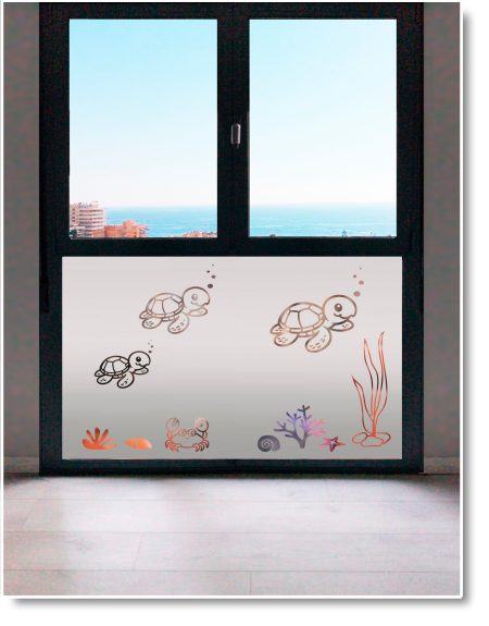 vinilos para cristales infantil con tortugas marinas y fondo de mar