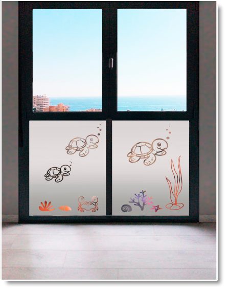 adhesivo para cristal con dibujo infantil tortugas marinas y fondo del mar