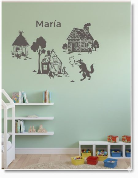 VINILO INFANTIL para decorar pared del cuento de los tres cerditos con nombre del niño o niña