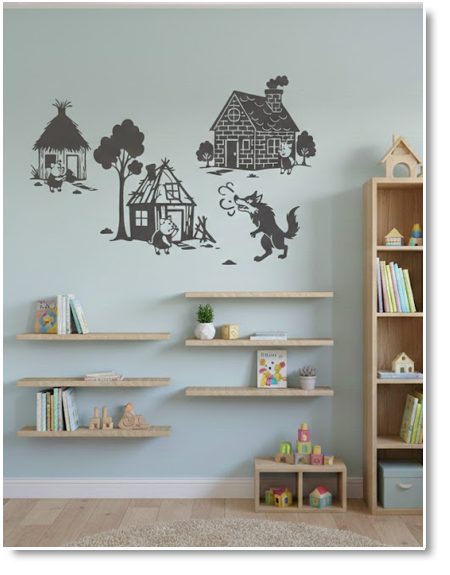 Vinilo adhesivo de pared del cuento LOS TRES CERDITOS ideal para decorar habitación infantil